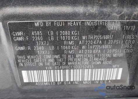 2013 Subaru Outback 2.5I Premium from USA, damaged, VIN 4S4BRBCC5D3252455